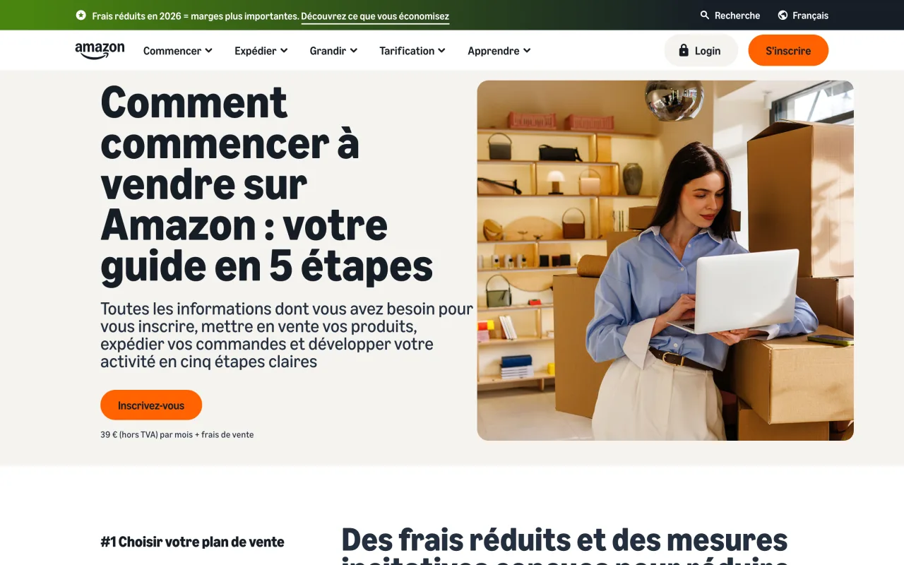 Page d'accueil du guide officiel pour commencer à vendre sur Amazon, sell.amazon.fr, capturée le 19 octobre 2026