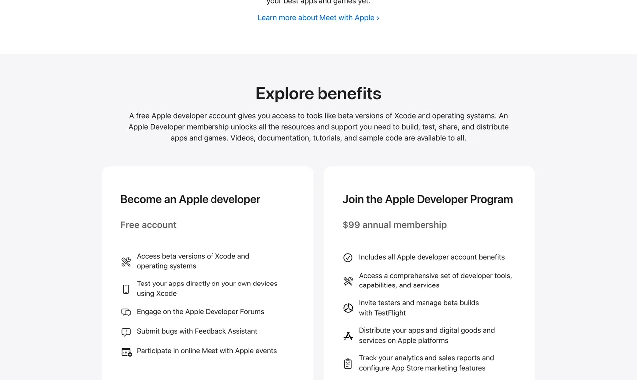 Page Apple Developer Program indiquant une adhésion annuelle de 99 dollars, capture du 19 octobre 2026