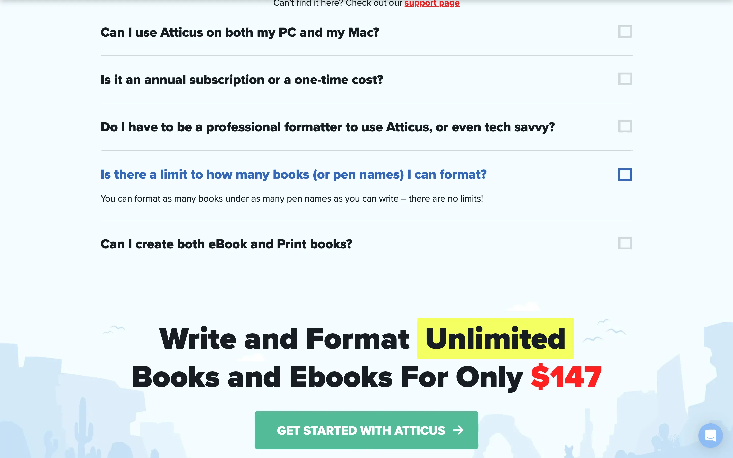 Page Atticus affichant le prix de 147 dollars