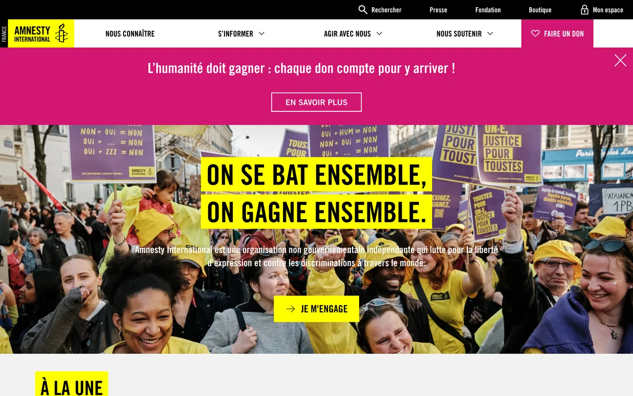 Bannière Amnesty International « On se bat ensemble, on gagne ensemble » avec bouton Je m'engage