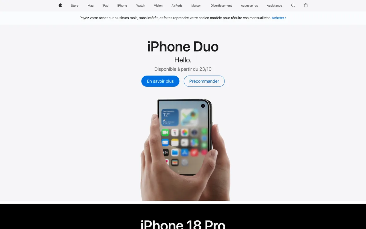 Bannière Apple iPhone Duo « Hello. Disponible à partir du 23/10 » avec boutons En savoir plus et Précommander
