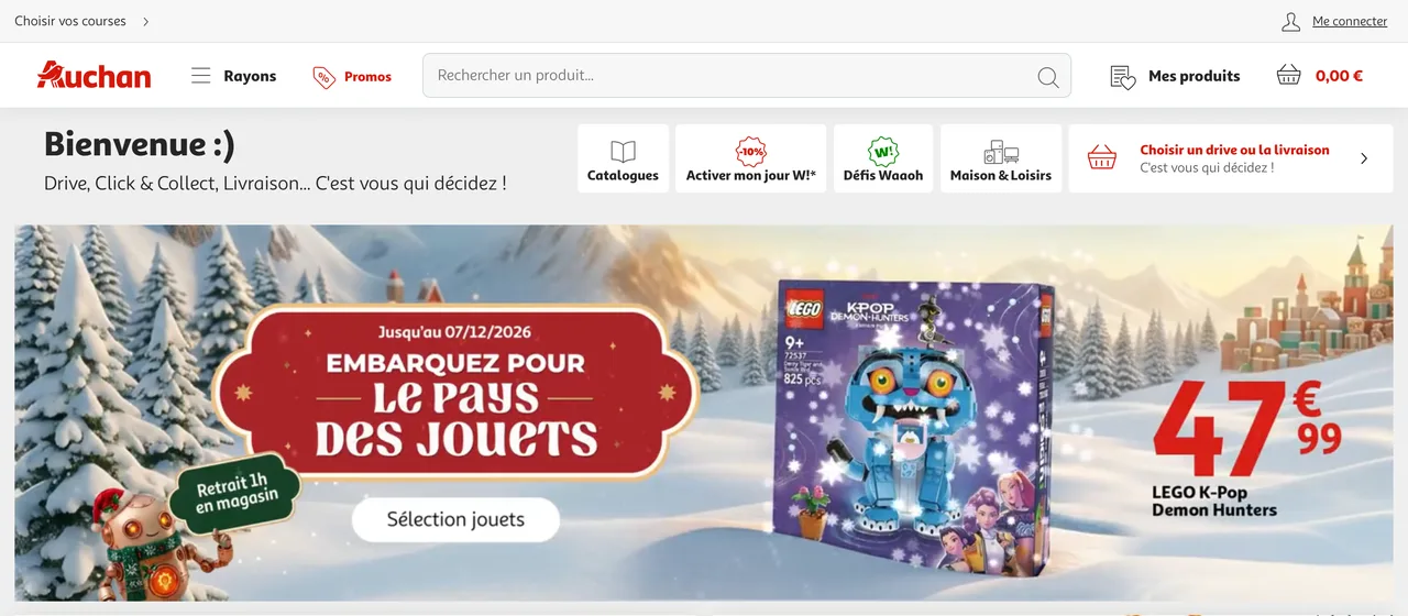 Bannière Auchan « Embarquez pour le pays des jouets » jusqu'au 07/12/2026 avec un LEGO à 47,99 €