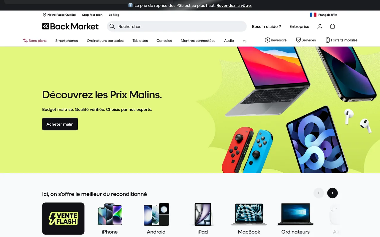 Bannière Back Market « Découvrez les Prix Malins. Budget maîtrisé. Qualité vérifiée. Choisis par nos experts »