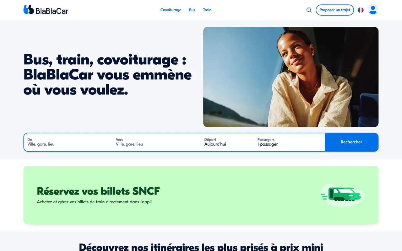 Bannière BlaBlaCar « Bus, train, covoiturage : BlaBlaCar vous emmène où vous voulez »