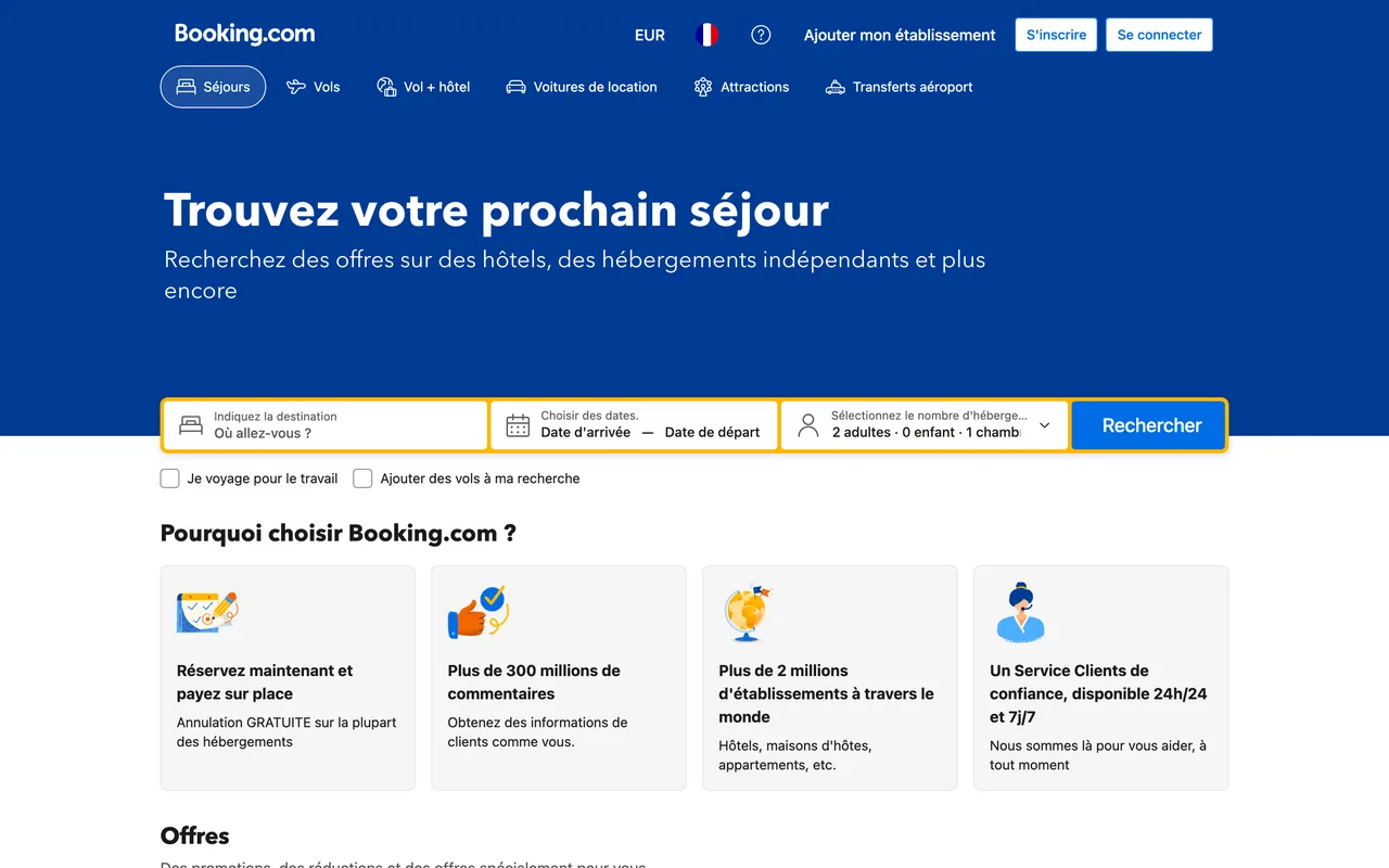 Bannière Booking.com « Trouvez votre prochain séjour » avec formulaire de recherche