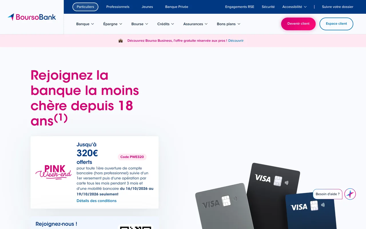 Bannière BoursoBank « Rejoignez la banque la moins chère depuis 18 ans » et offre Pink Week-end jusqu'à 320 € offerts