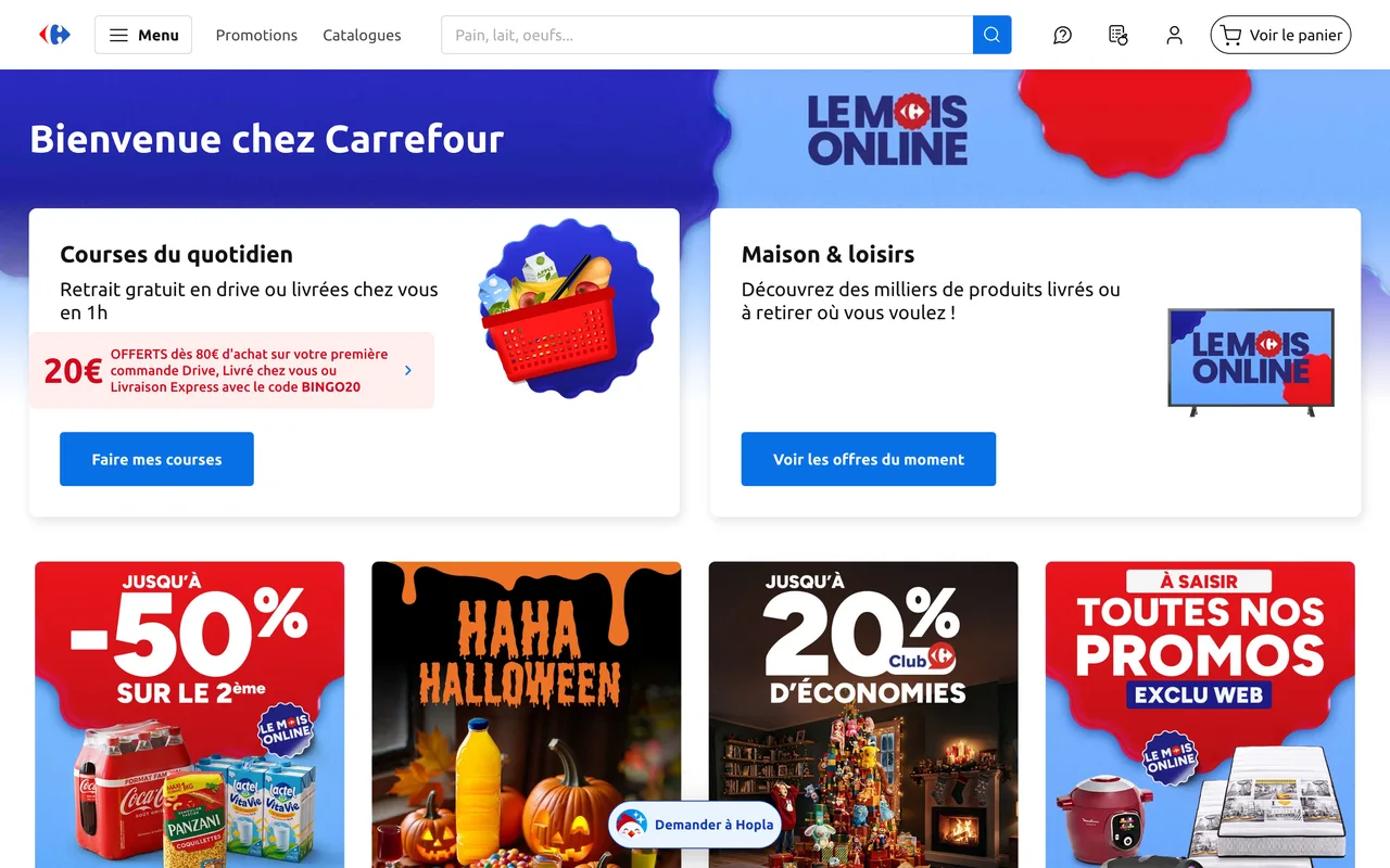 Page d'accueil Carrefour avec bannières « Le mois online », -50 % sur le 2e et toutes nos promos exclu web