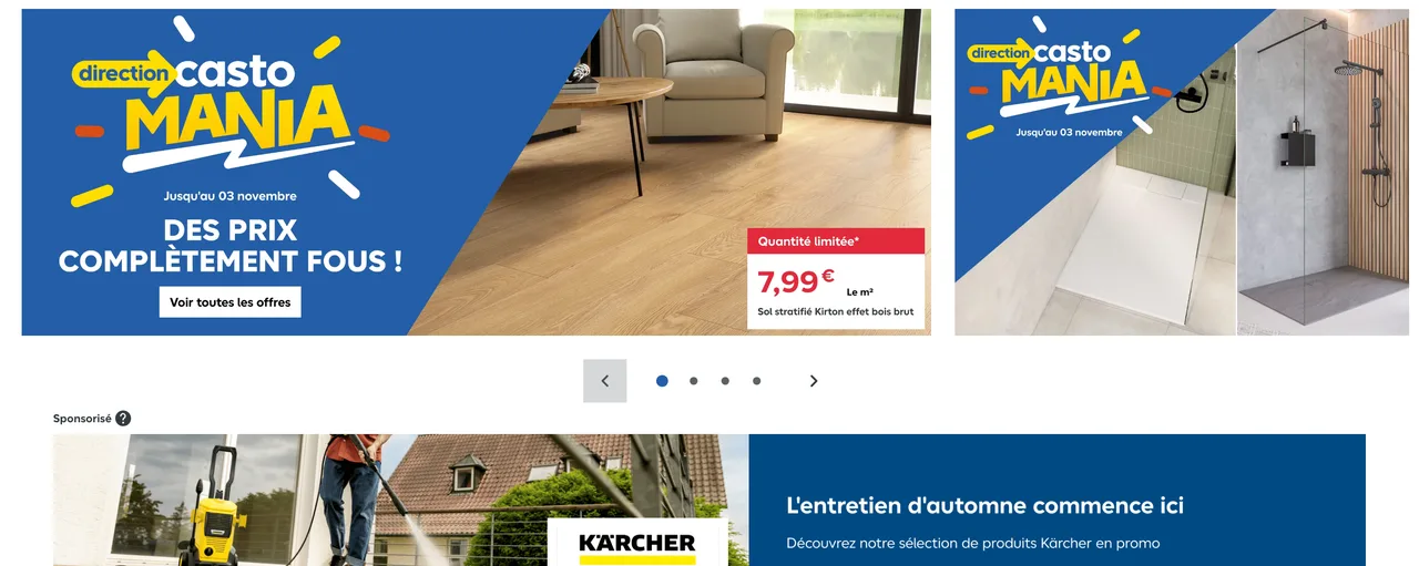 Bannière Castorama « Casto Mania, des prix complètement fous » et bannière sponsorisée Kärcher