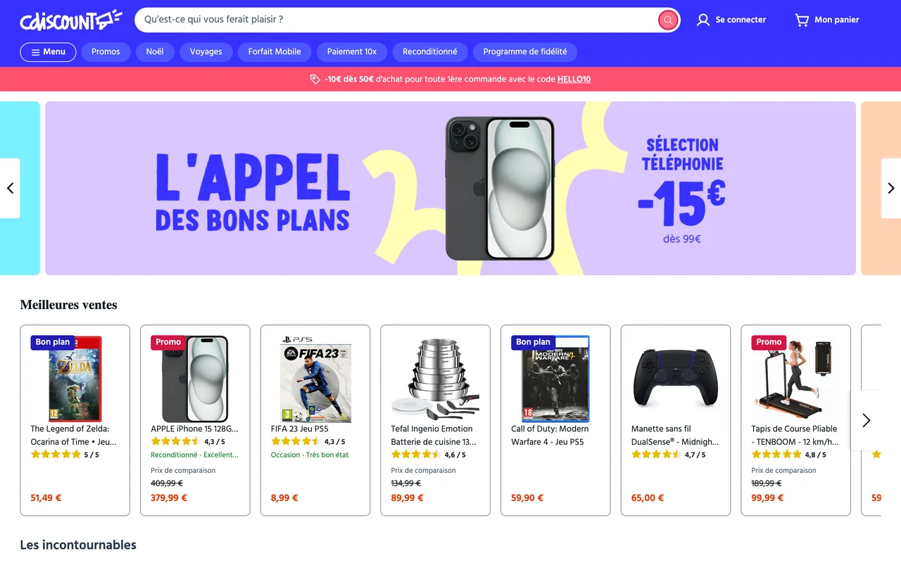 Bannière Cdiscount « L'appel des bons plans », sélection téléphonie -15 € dès 99 €, capturée le 19/10/2026