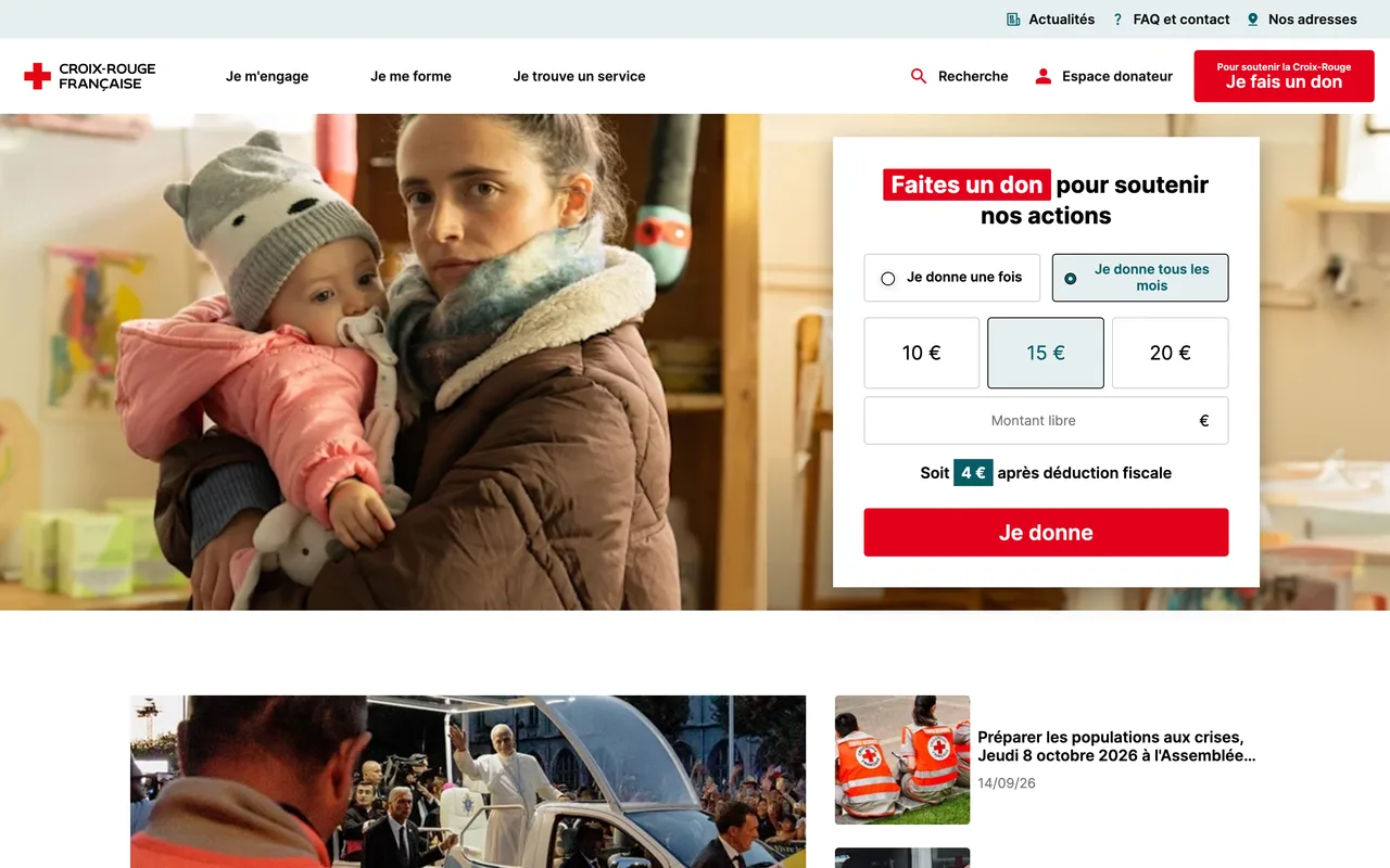 Bannière Croix-Rouge « Faites un don pour soutenir nos actions » avec montants 10, 15 et 20 € et coût après déduction fiscale
