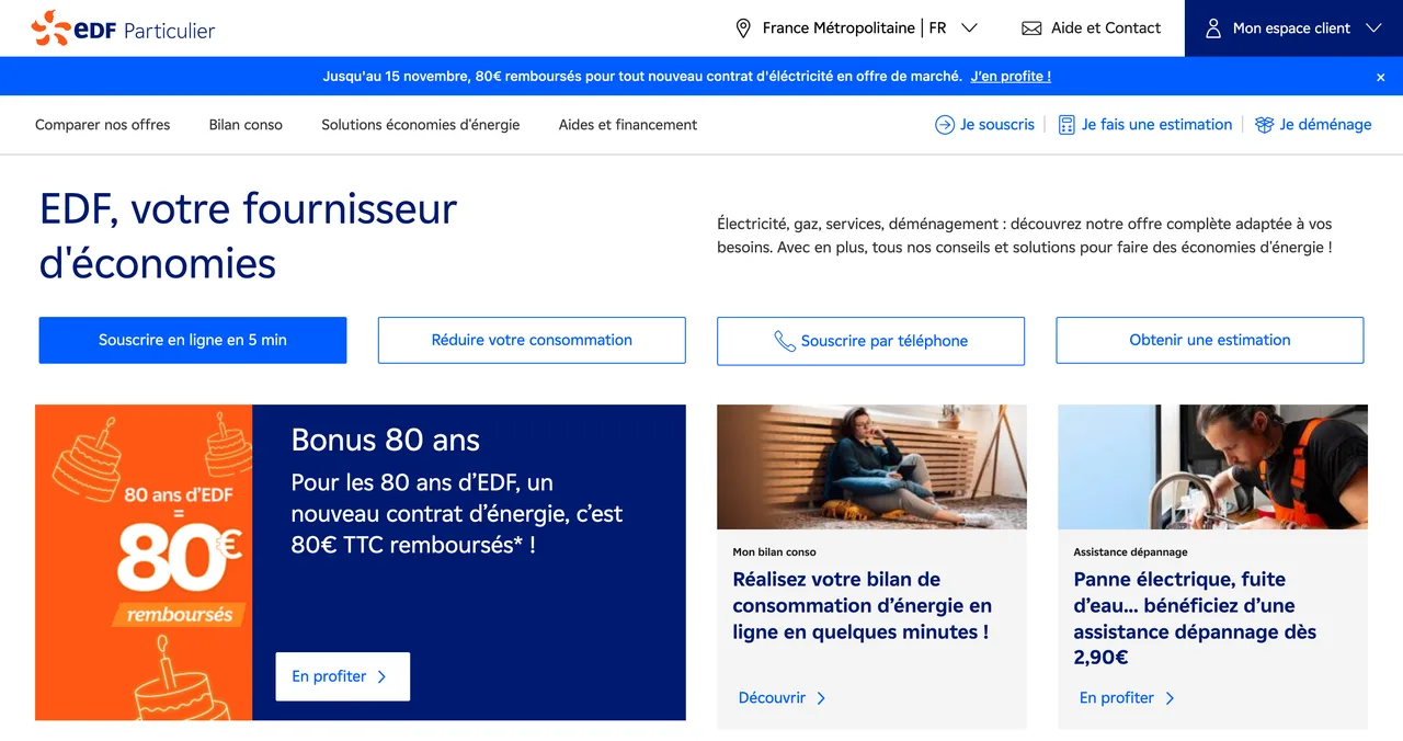 Bannière EDF « Bonus 80 ans : un nouveau contrat d'énergie, c'est 80 € TTC remboursés »