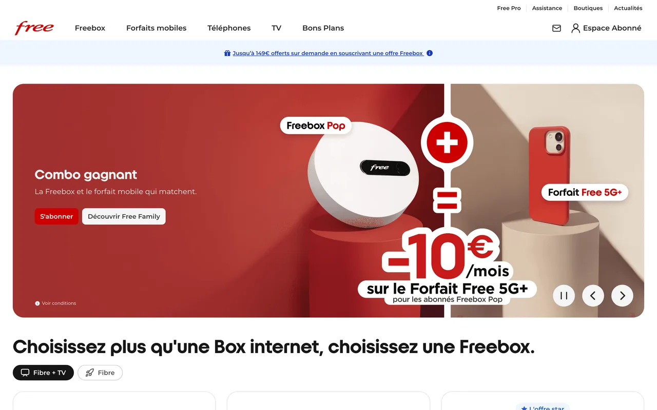 Bannière Free « Combo gagnant » Freebox Pop plus forfait Free 5G+ égale -10 €/mois