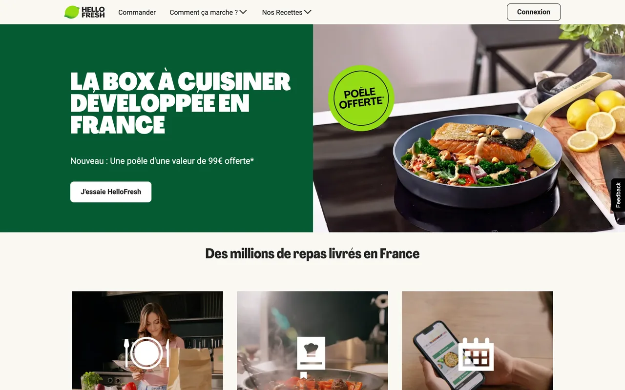 Bannière HelloFresh « La box à cuisiner développée en France » avec pastille Poêle offerte