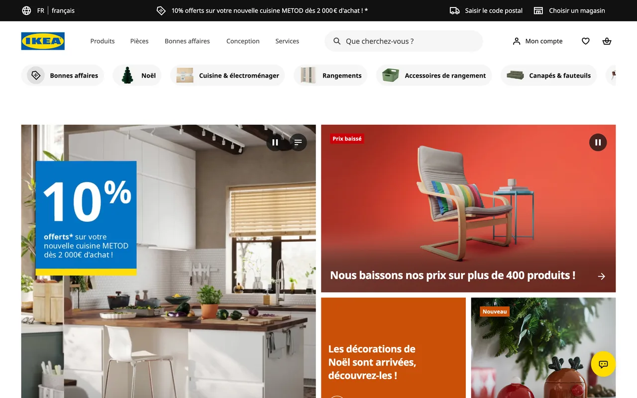 Bannières IKEA « 10 % offerts sur votre nouvelle cuisine METOD » et « Nous baissons nos prix sur plus de 400 produits »