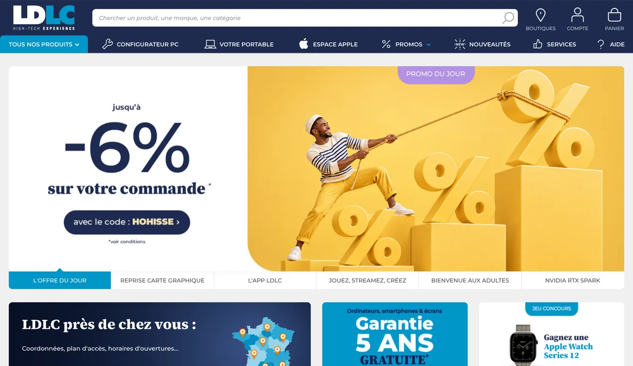 Bannière LDLC promo du jour jusqu'à -6 % sur votre commande avec le code HOHISSE