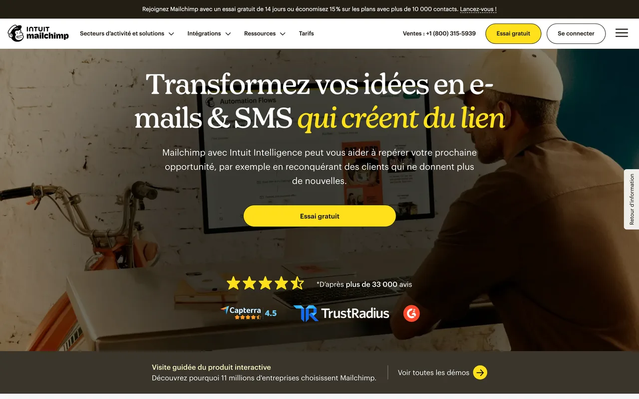 Bannière Mailchimp « Transformez vos idées en e-mails et SMS qui créent du lien » avec bouton Essai gratuit