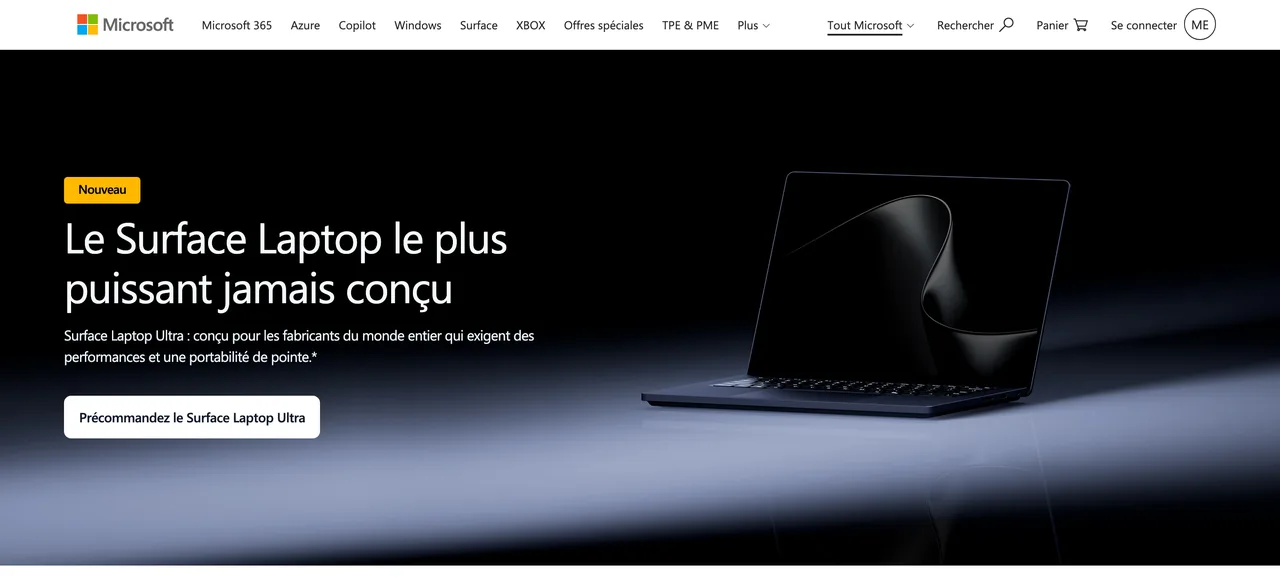 Bannière Microsoft « Le Surface Laptop le plus puissant jamais conçu » avec badge Nouveau