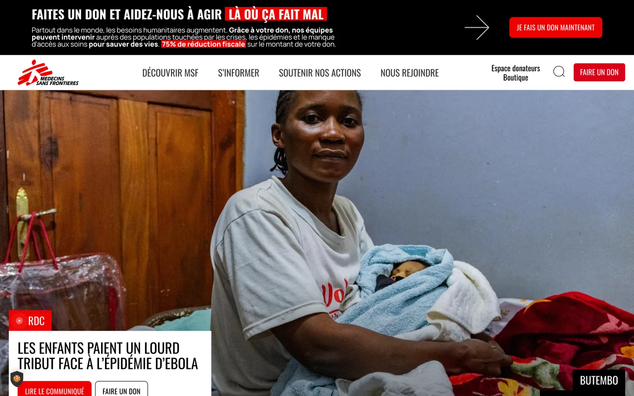 Bandeau Médecins Sans Frontières « Faites un don et aidez-nous à agir là où ça fait mal » avec 75 % de réduction fiscale