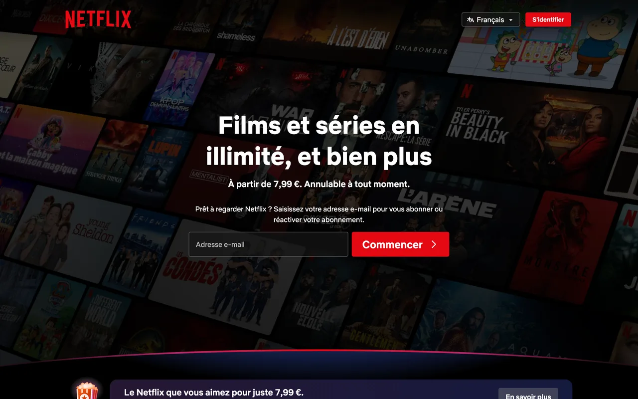 Bannière Netflix « Films et séries en illimité, et bien plus. À partir de 7,99 € » avec champ e-mail