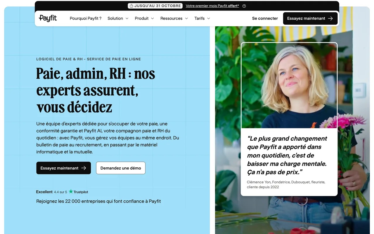 Bannière PayFit « Paie, admin, RH : nos experts assurent, vous décidez » avec témoignage client