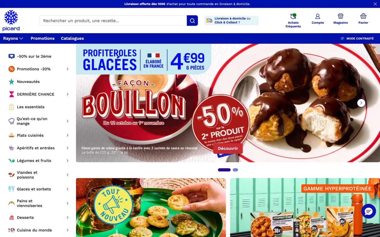 Bannière Picard profiteroles glacées façon Bouillon 4,99 € les 6 pièces, -50 % sur le 2e produit