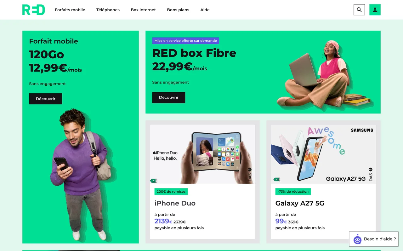 Bannières RED by SFR forfait mobile 120 Go à 12,99 €/mois et RED box Fibre à 22,99 €/mois sans engagement