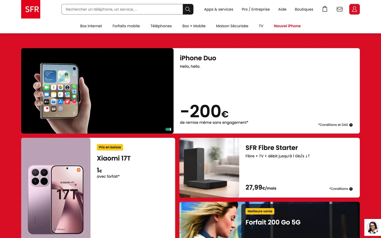 Bannière SFR iPhone Duo « -200 € de remise même sans engagement » sur fond rouge