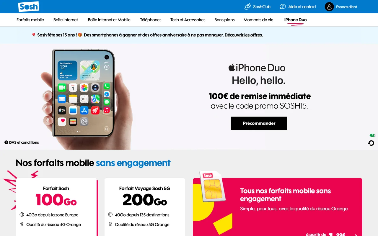 Bannière Sosh iPhone Duo « 100 € de remise immédiate avec le code promo SOSH15 »
