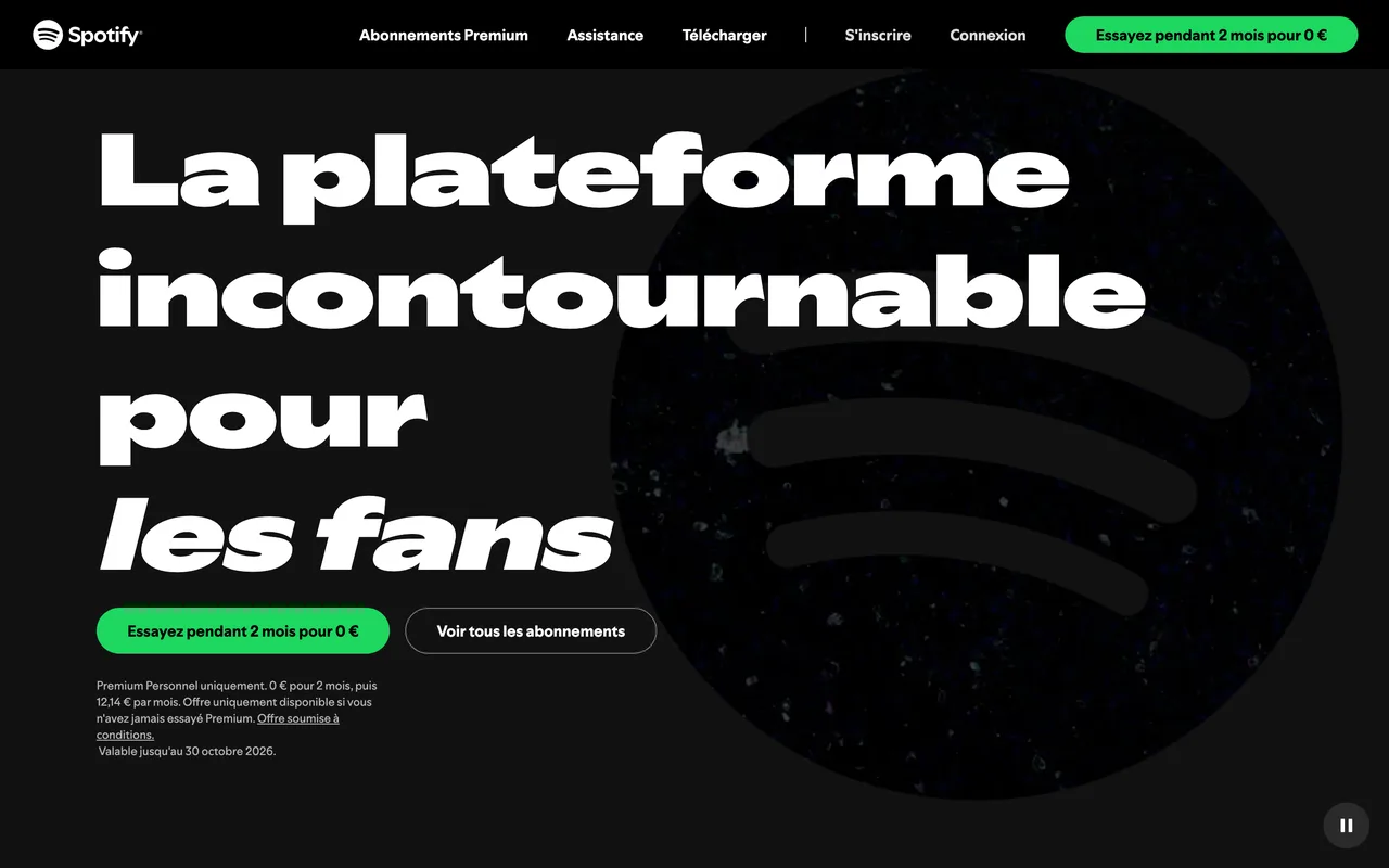 Bannière Spotify « La plateforme incontournable pour les fans » avec bouton Essayez pendant 2 mois pour 0 €