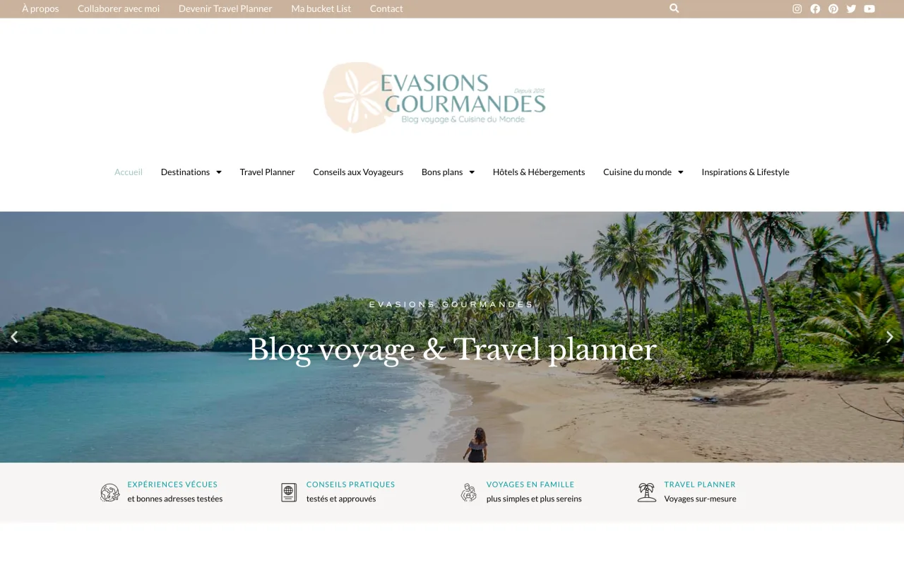 Page d'accueil du blog Evasions Gourmandes, blog voyage et travel planner, capture du 19/10/2026