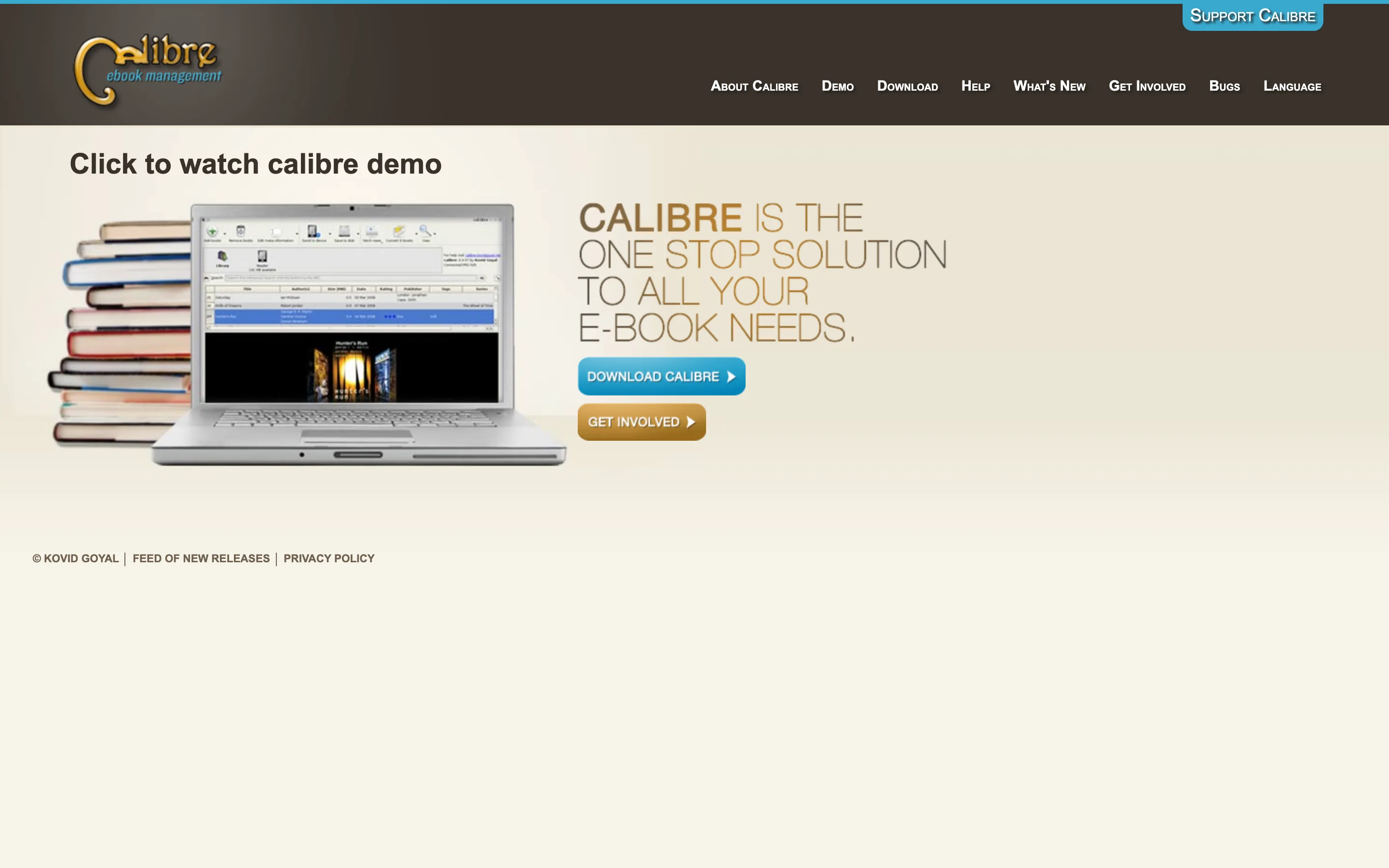 Page d'accueil de Calibre, gestionnaire d'ebooks