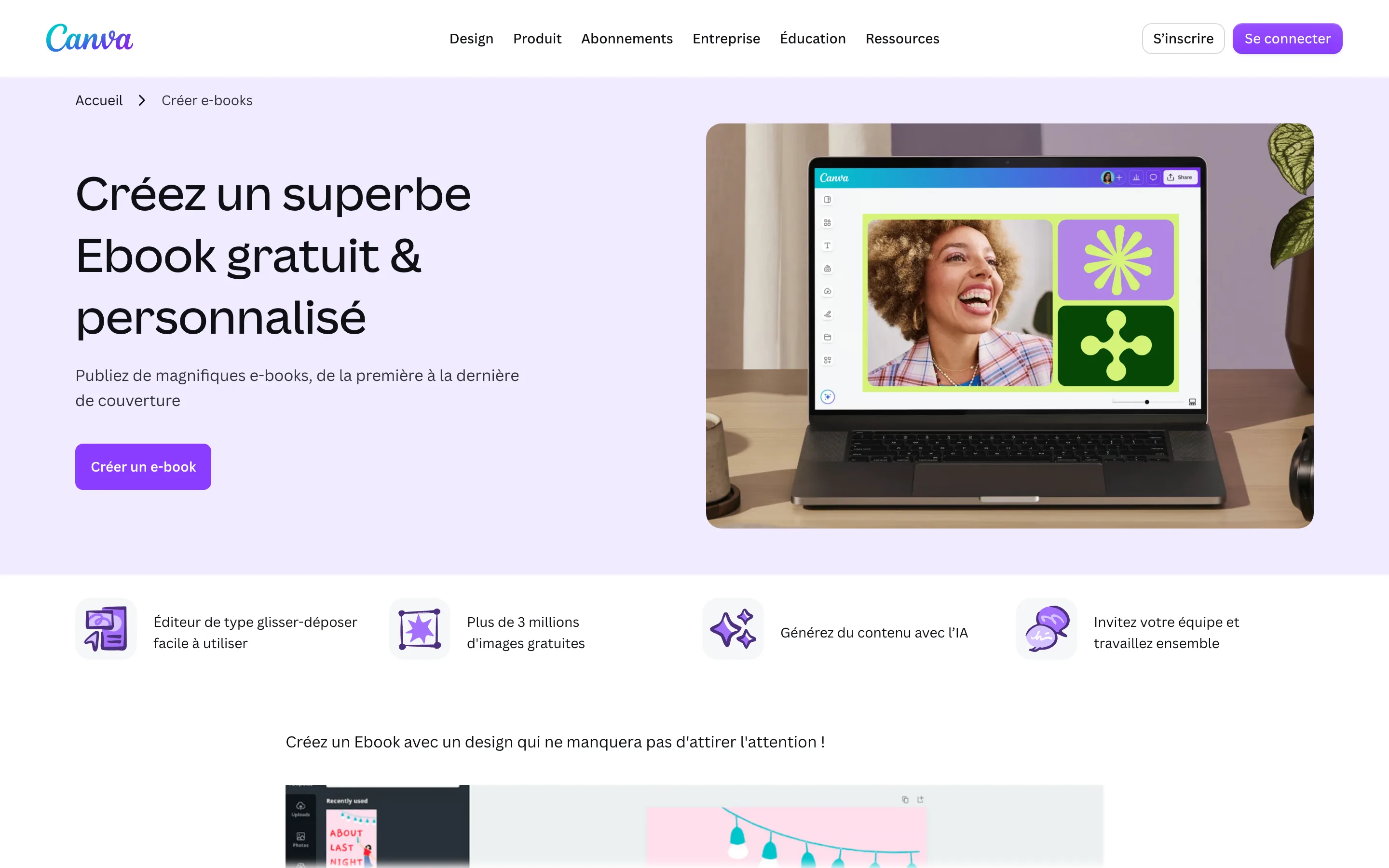 Page Canva dédiée à la création d'ebooks gratuits et personnalisés