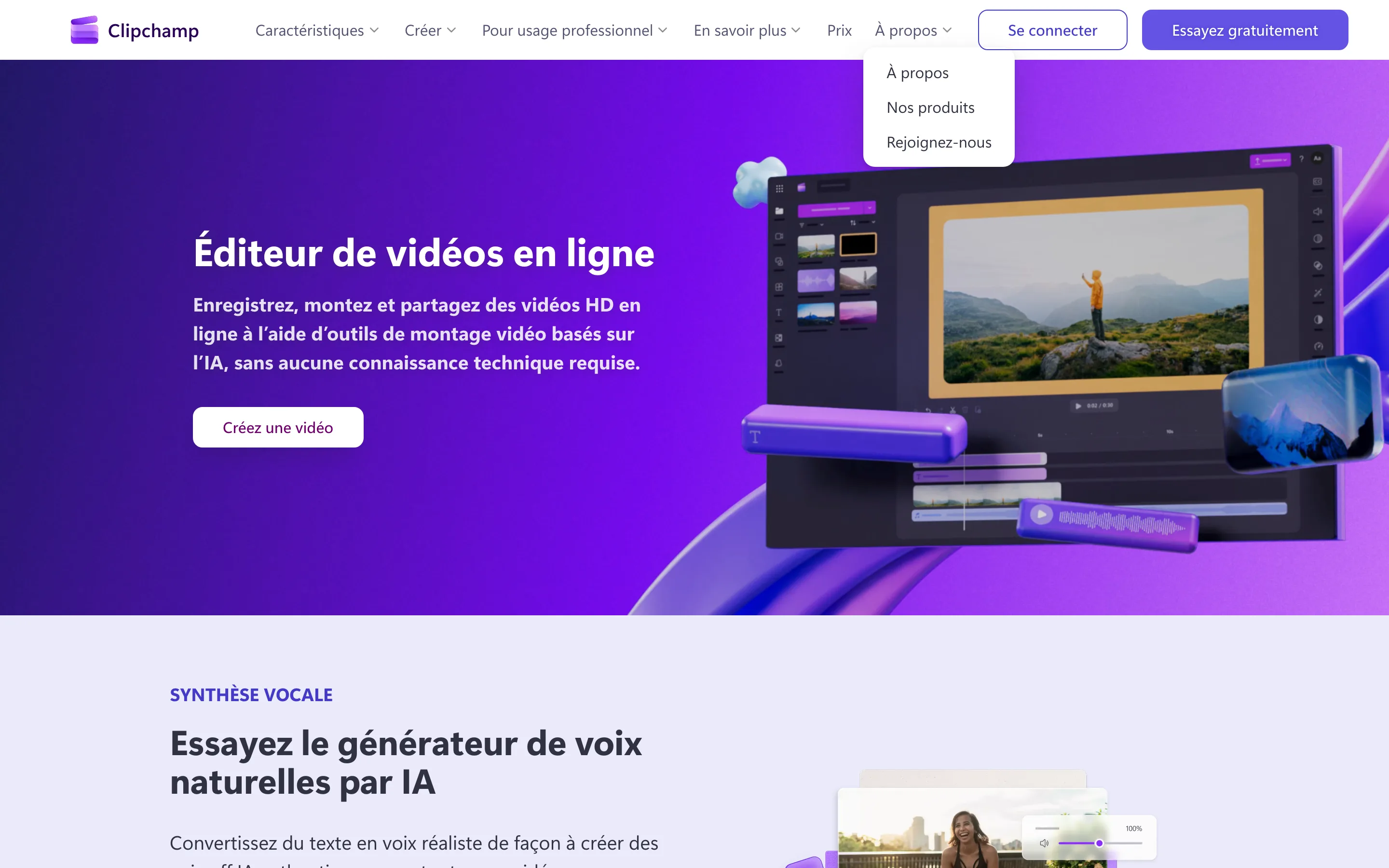 Page d'accueil de l'éditeur vidéo en ligne Clipchamp en français