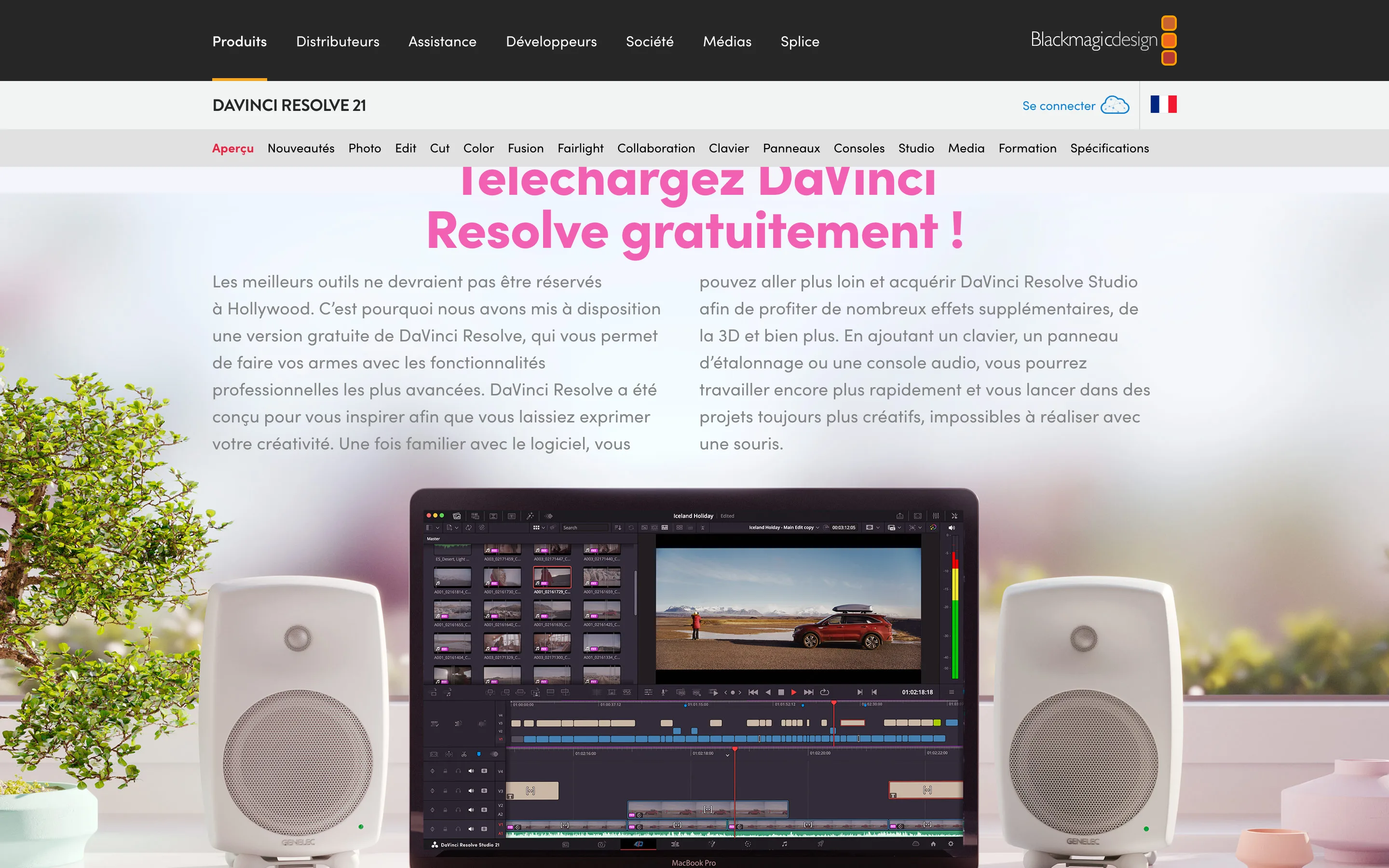 Page DaVinci Resolve de Blackmagic Design proposant le téléchargement gratuit