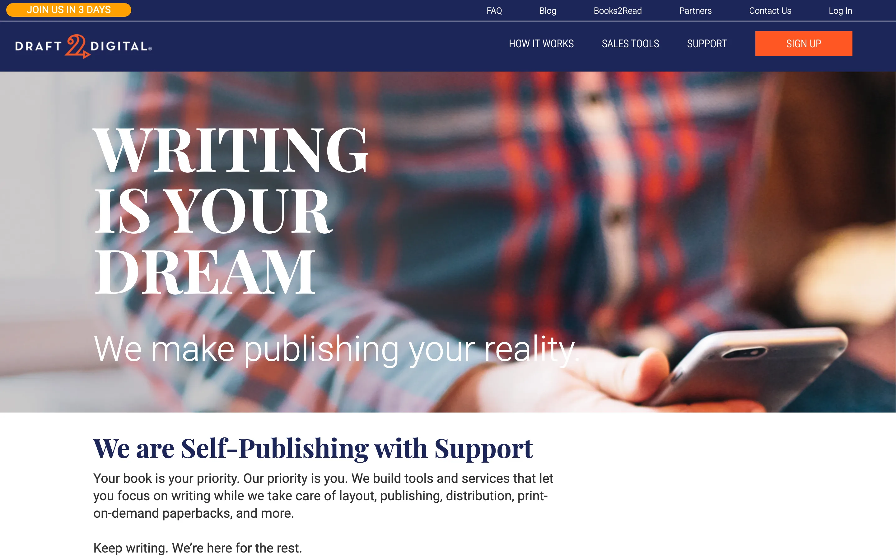 Page d'accueil de Draft2Digital, plateforme de distribution d'ebooks