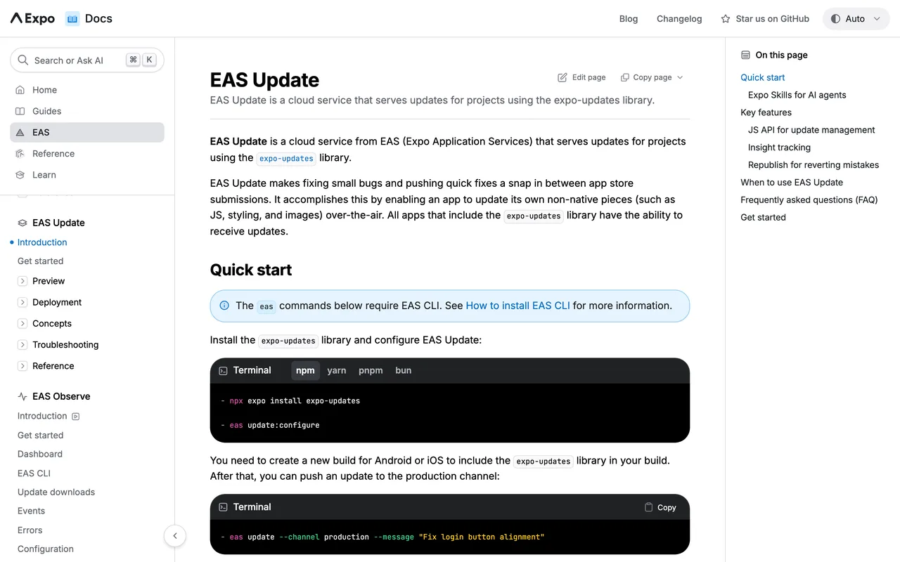 Documentation Expo présentant EAS Update, service de mises à jour à distance pour les applications React Native, capture du 19 octobre 2026