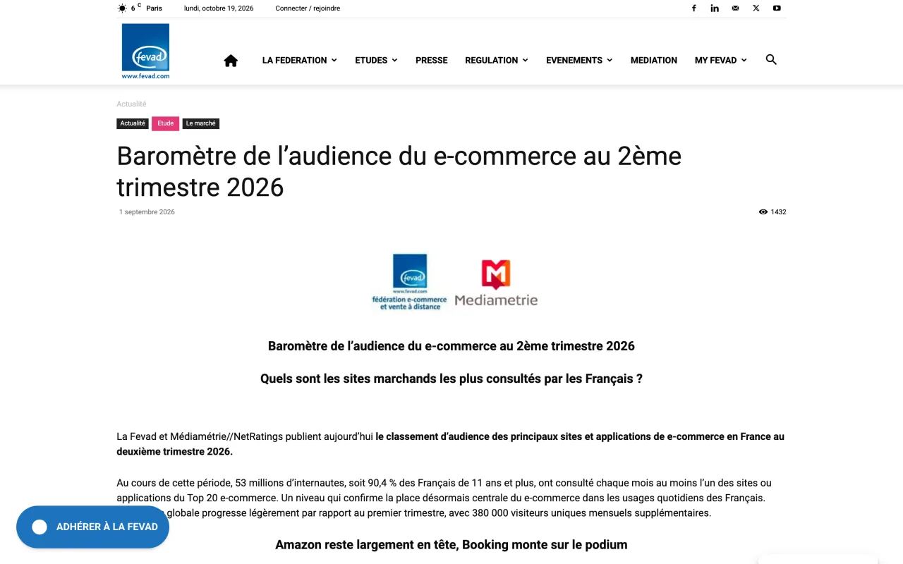 Page du baromètre Médiamétrie x Fevad de l'audience du e-commerce au 2e trimestre 2026, capturée le 19 octobre 2026
