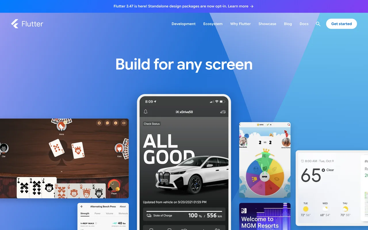 Page d'accueil de Flutter, framework multiplateforme de Google, capture du 19 octobre 2026