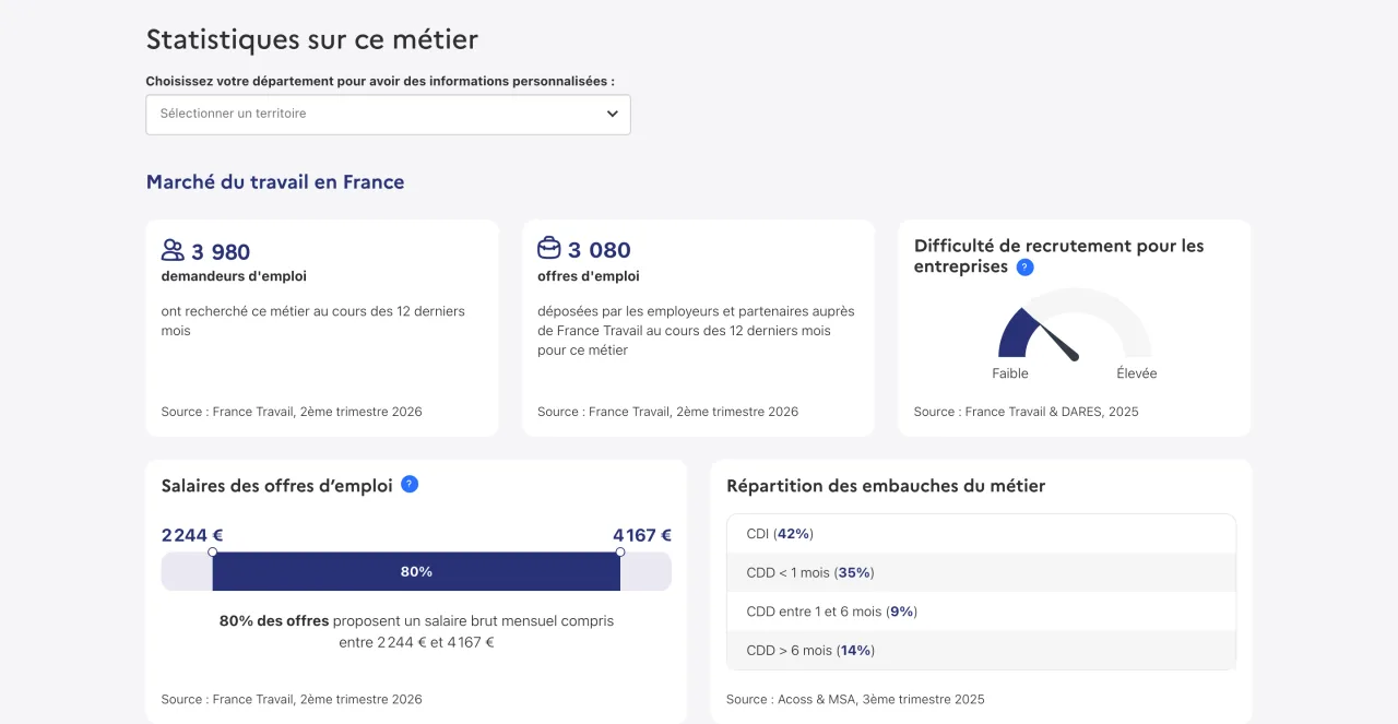 Fiche France Travail Data scientist : 3 080 offres sur 12 mois et 80 % des offres entre 2 244 et 4 167 euros brut mensuels, capture du 19/10/2026