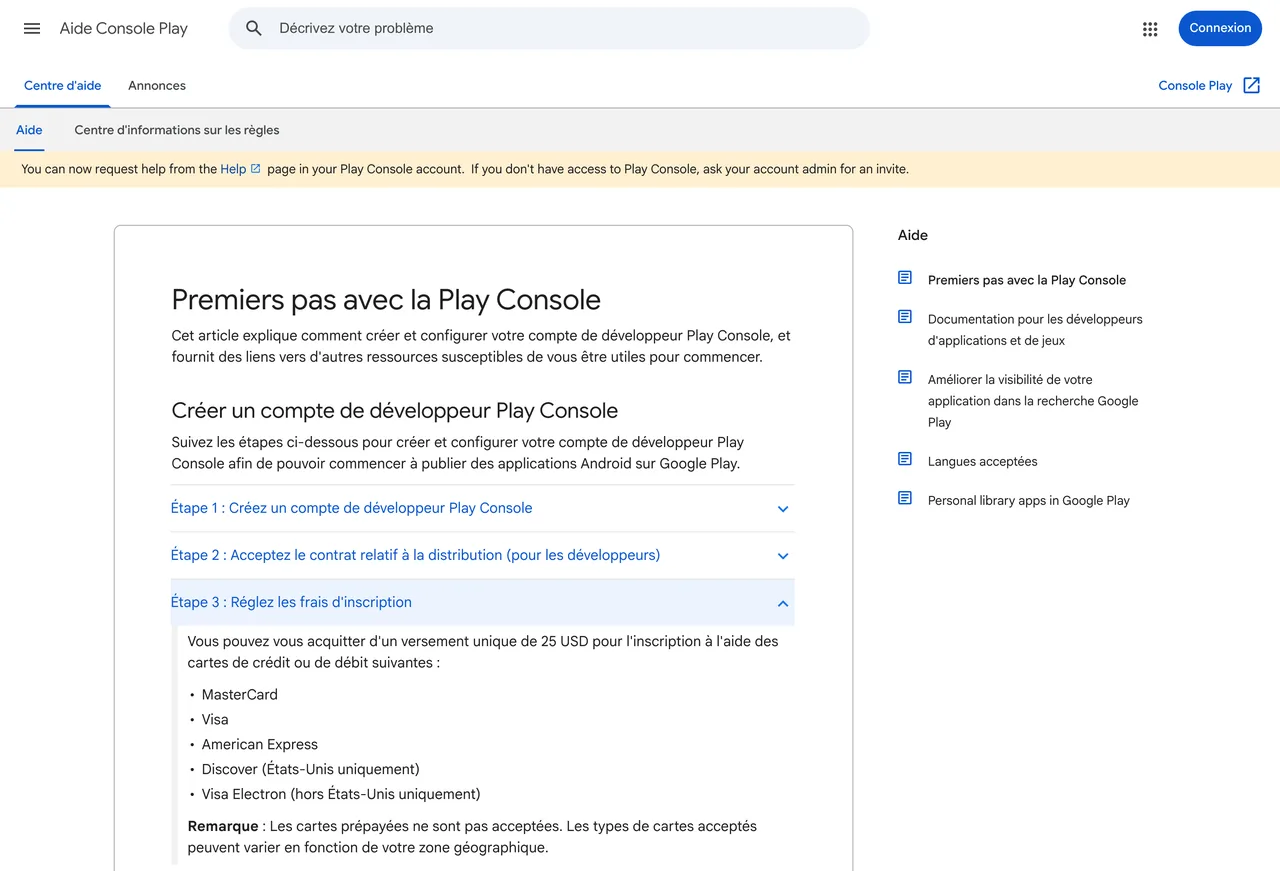Aide de la Google Play Console indiquant un versement unique de 25 USD pour l'inscription, capture du 19 octobre 2026