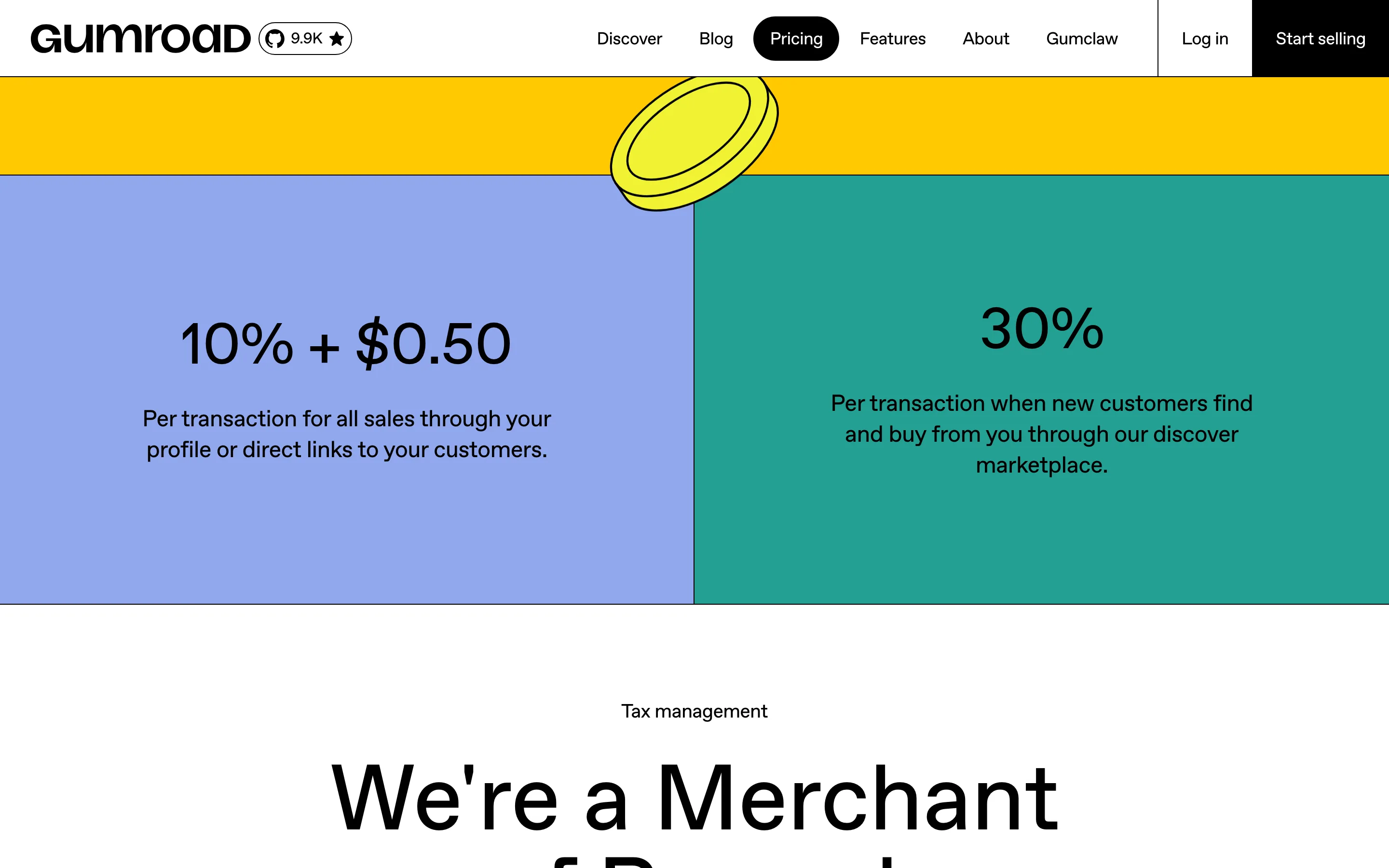 Page tarifs de Gumroad : 10 % plus 0,50 dollar par transaction, 30 % via la place de marché
