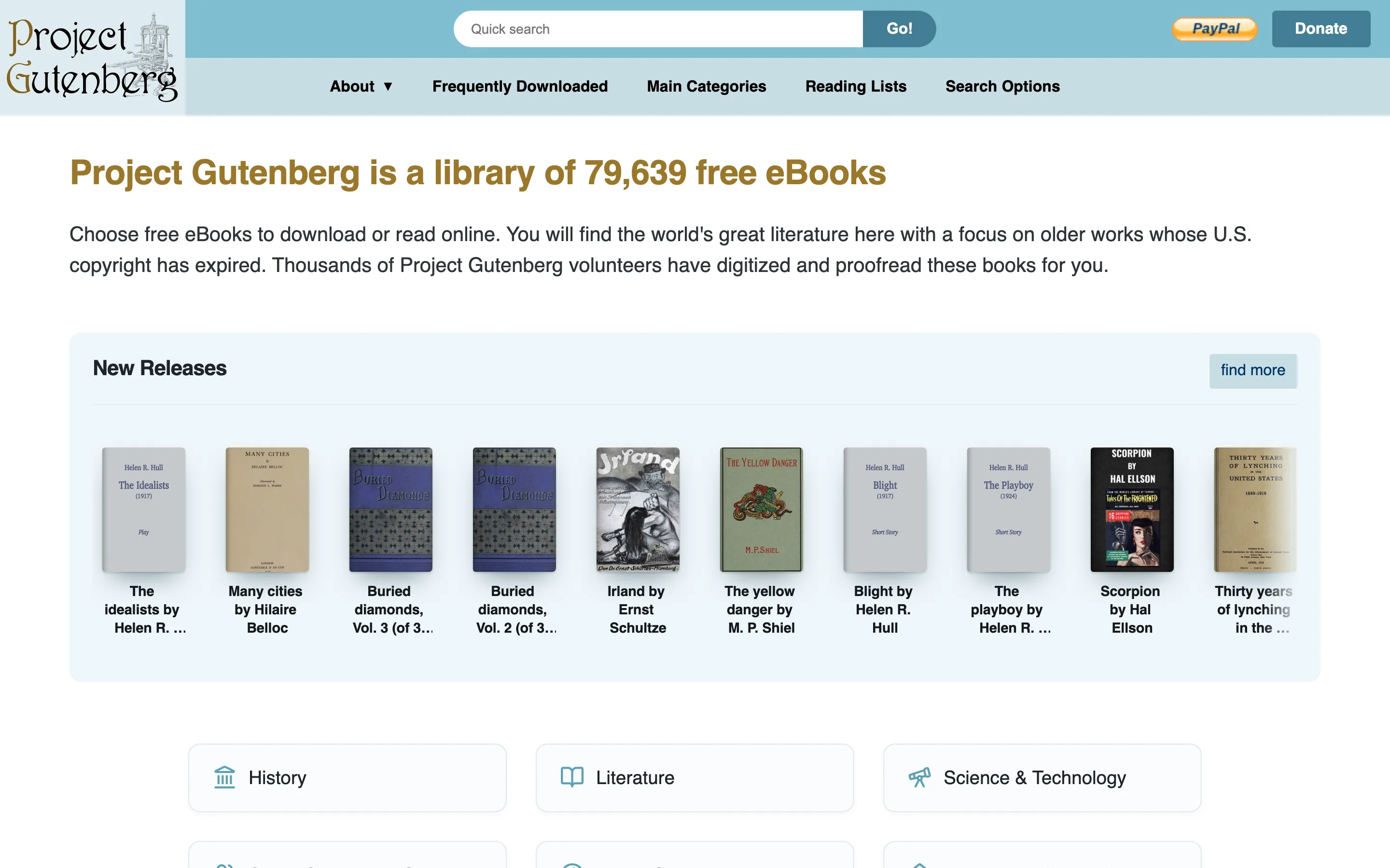 Page d'accueil de Project Gutenberg, bibliothèque d'ebooks gratuits