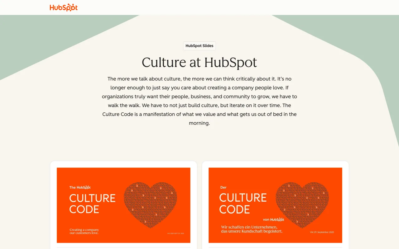 Page Culture at HubSpot proposant le Culture Code en plusieurs langues, capture du 19/10/2026