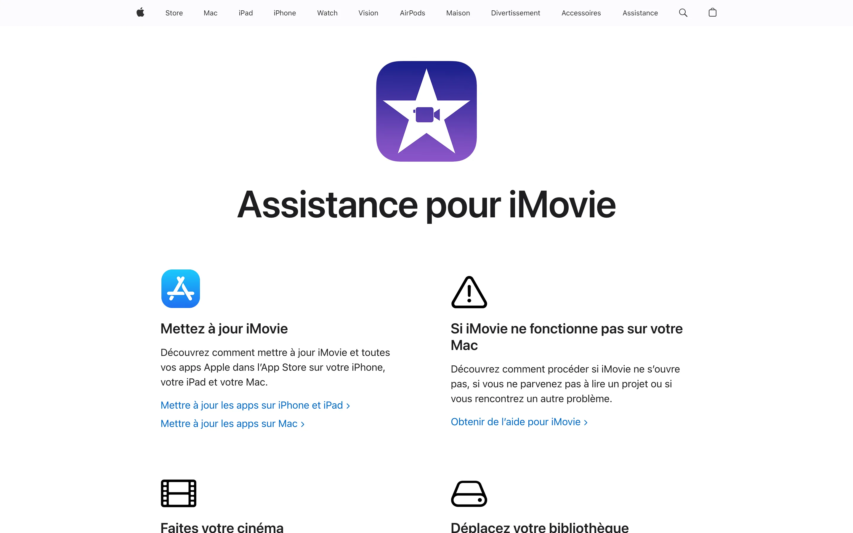 Page d'assistance Apple consacrée à iMovie