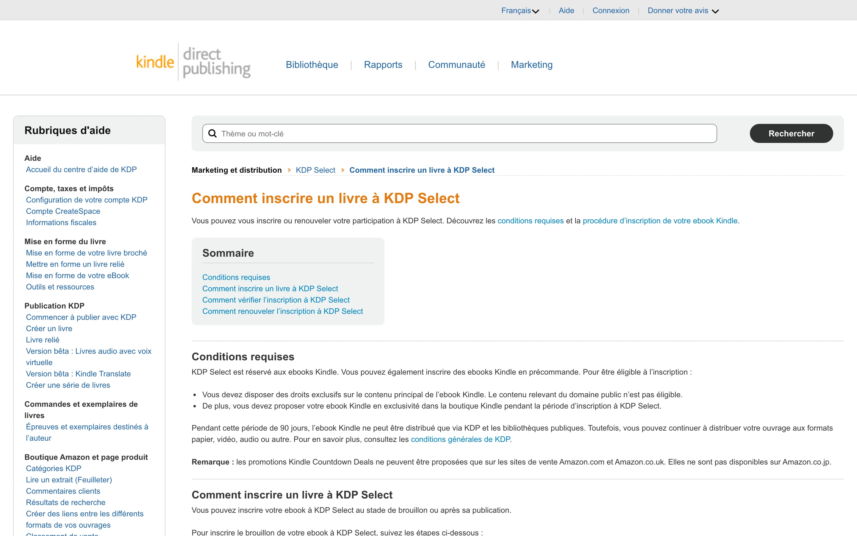 Aide KDP, conditions requises pour inscrire un ebook à KDP Select : exclusivité de 90 jours