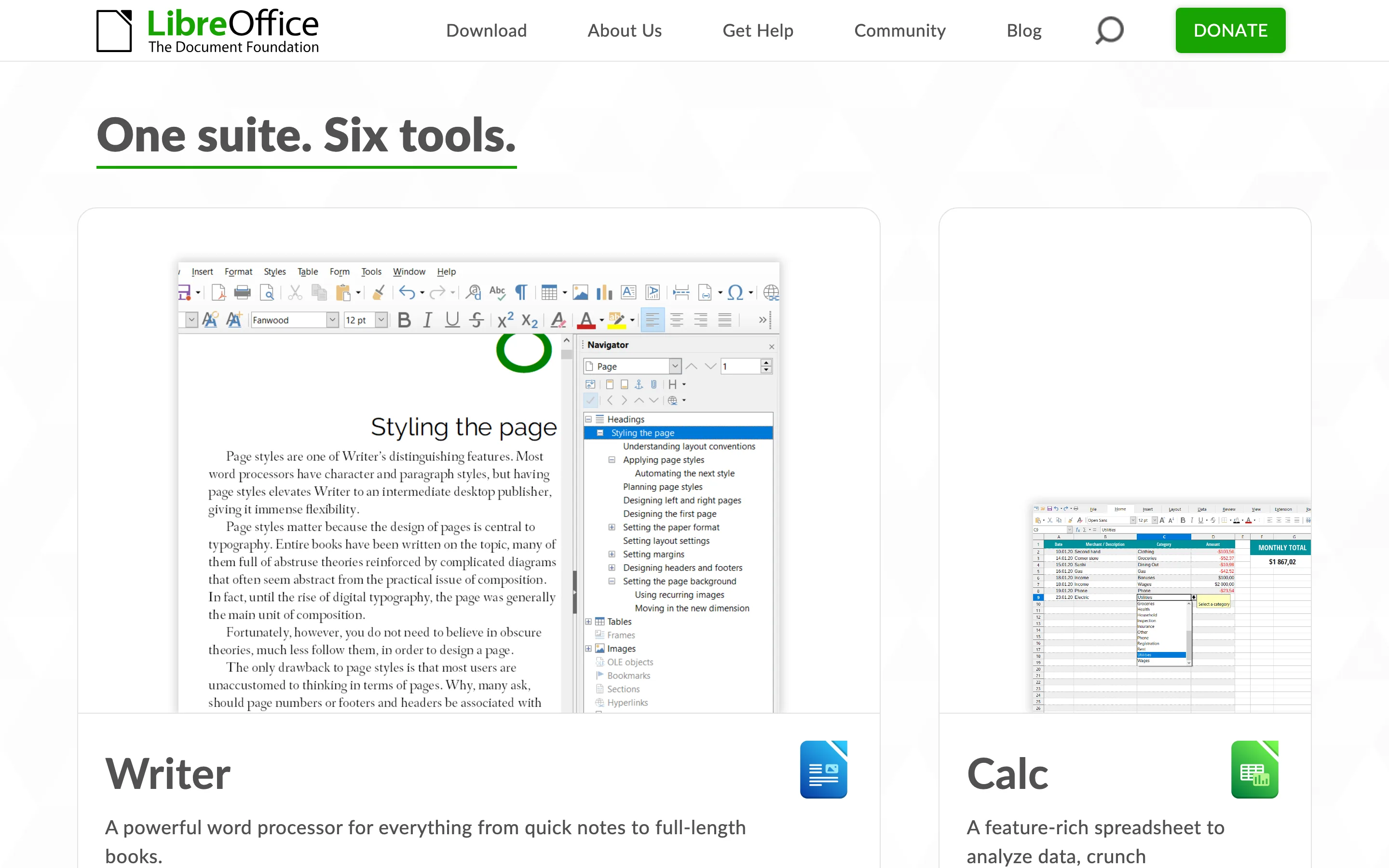 Page de LibreOffice présentant le traitement de texte Writer