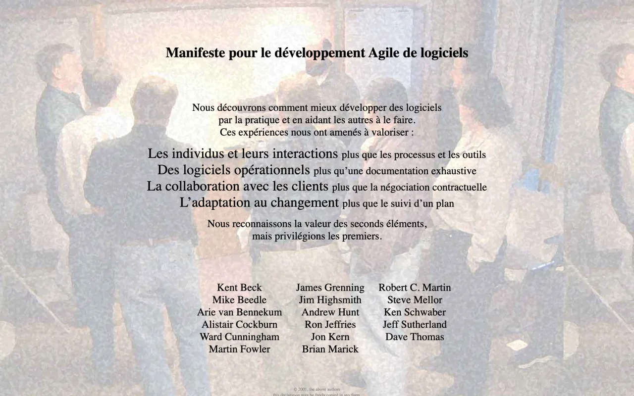 Le Manifeste pour le développement Agile de logiciels en version française, avec ses quatre valeurs, consulté le 19 octobre 2026