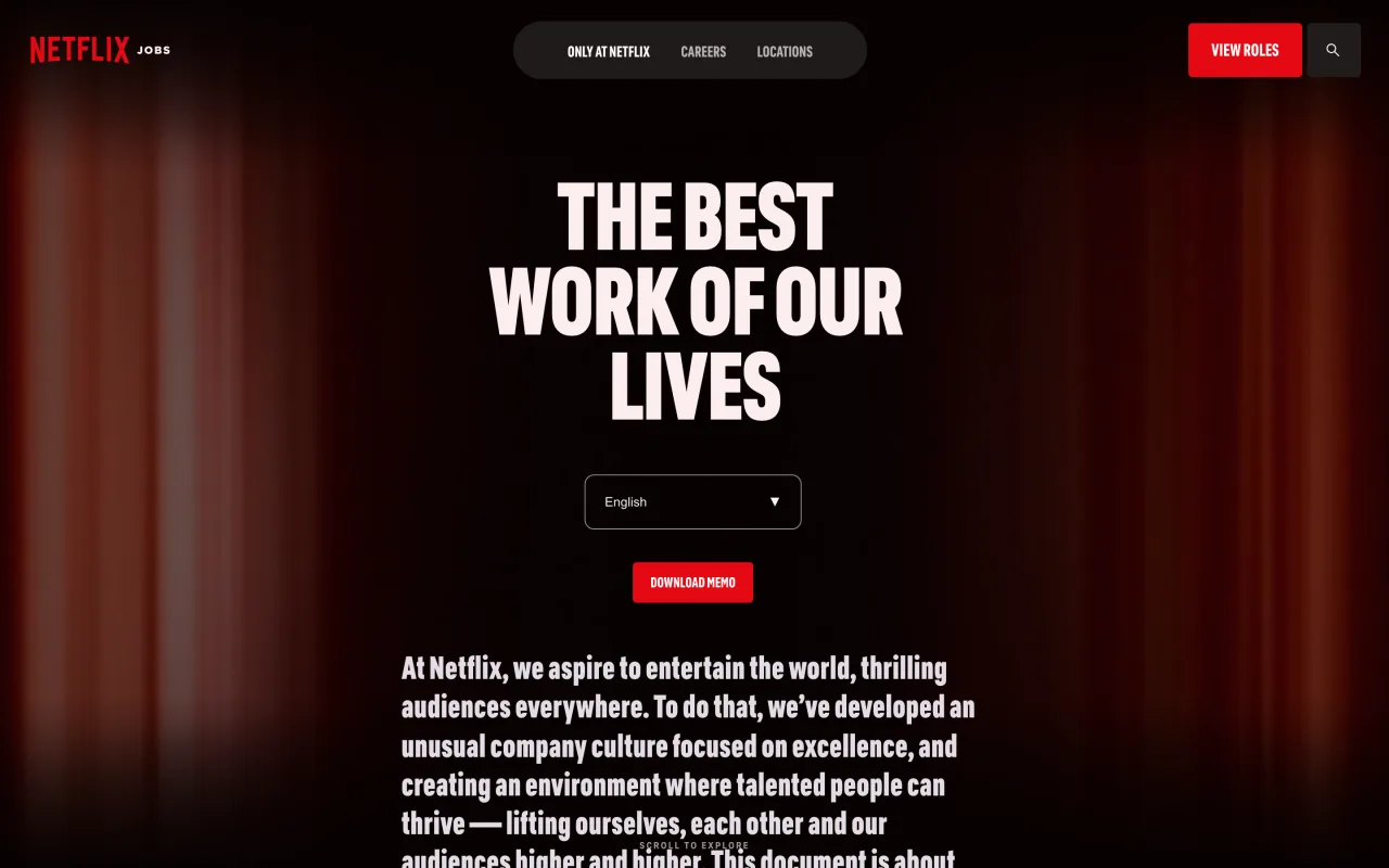 Page culture de Netflix Jobs présentant le mémo de culture de l'entreprise, capture du 19/10/2026