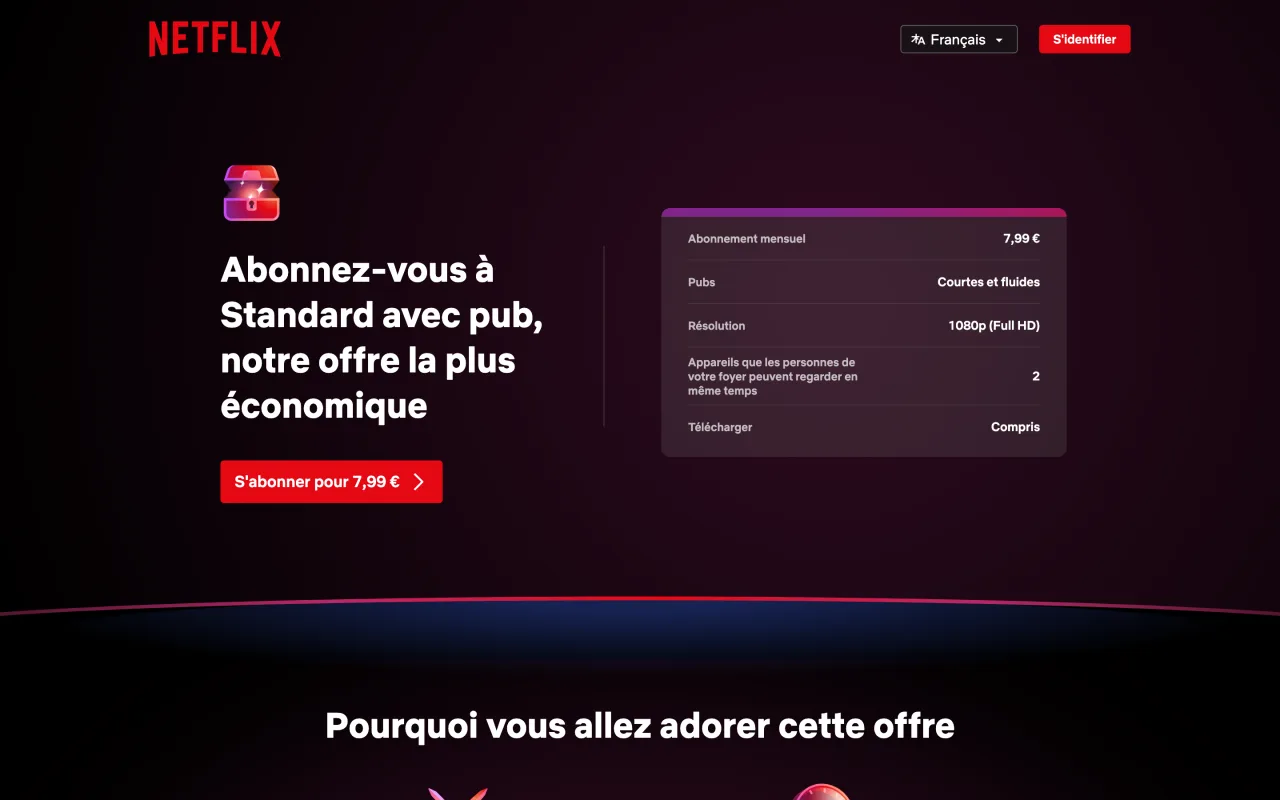 Page officielle de l’offre Netflix Standard avec pub en France, affichée à 7,99 euros par mois le 19 octobre 2026