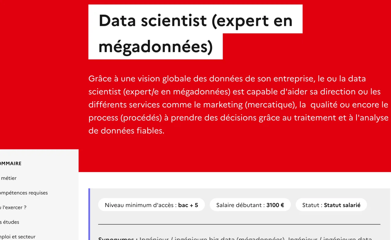 Fiche Onisep Data scientist : niveau minimum bac + 5 et salaire débutant de 3 100 euros, capture du 19/10/2026